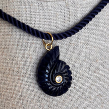 Load image into Gallery viewer, Sodalite and Cubic Zirconia carved Ammonite Necklace, Navy Cord