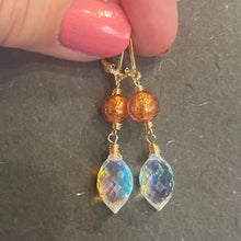 Load image into Gallery viewer, Murano Glass and Fire Rainbow Moonstone Dewdrop Dangles, metal choices