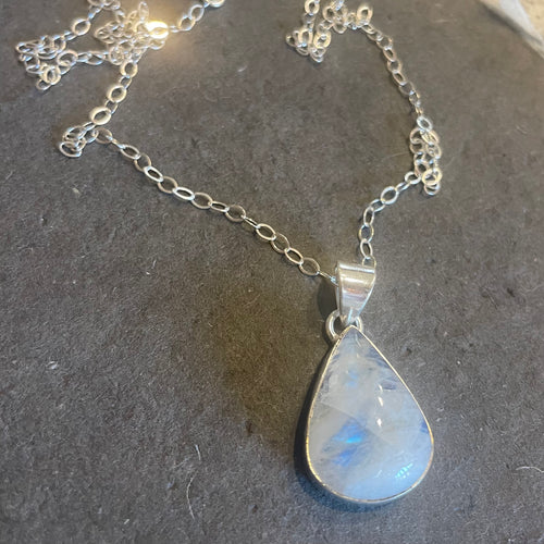 Rainbow Moonstone Necklace, Sterling Silver, OOAK