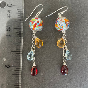 Sterling Version Klimt-ish Murano Glass and Gemstone Dangle Earrings