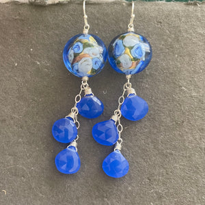 Tanzanite Blue Sweet Roses Murano Glass, Chalcedony Dangle Earrings