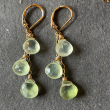 Load image into Gallery viewer, Prehnite trio cascade gold earrings, leverback, OOAK
