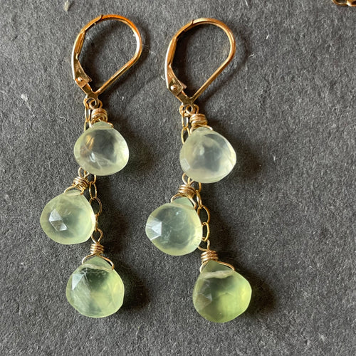 Prehnite trio cascade gold earrings, leverback, OOAK