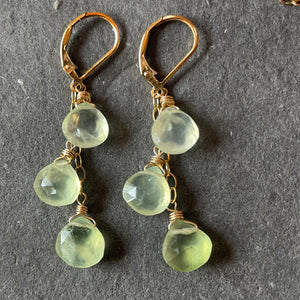 Prehnite trio cascade gold earrings, leverback, OOAK