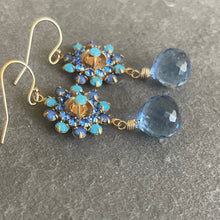 Load image into Gallery viewer, Turquoise and Sapphire Crystal and Quartz Floral Teardrop Earrings