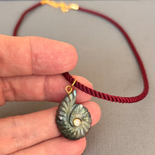 Load image into Gallery viewer, Labradorite and Cubic Zirconia carved Ammonite Necklace, Plummy Cord