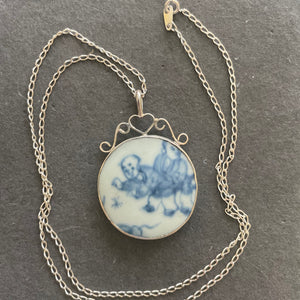 Antique Hand Painted Porcelain Tile Pendant Necklace, Estate