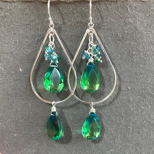 Paraiba to Emerald to Peridot Doublet Dangle Double Decker Hoop Earrings