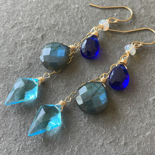 Intense Blue Fiery Labradorite and Quartz Cascade Earrings