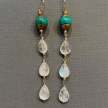 Load image into Gallery viewer, Artisan Turquoise and Rainbow Moonstone Dangle Earrings, OOAK
