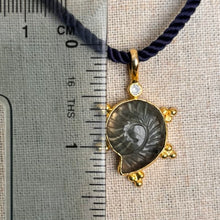 Load image into Gallery viewer, Labradorite carved Ammonite Necklace, Bubble Bezel, Navy Cord
