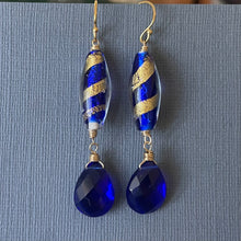 Load image into Gallery viewer, Swirly Murano Cobalt Blue Glass and Quartz Dangles