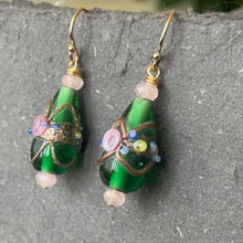 Load image into Gallery viewer, Vintage Wedding Cake Emerald Green Teardrop Earrings, Metal Options