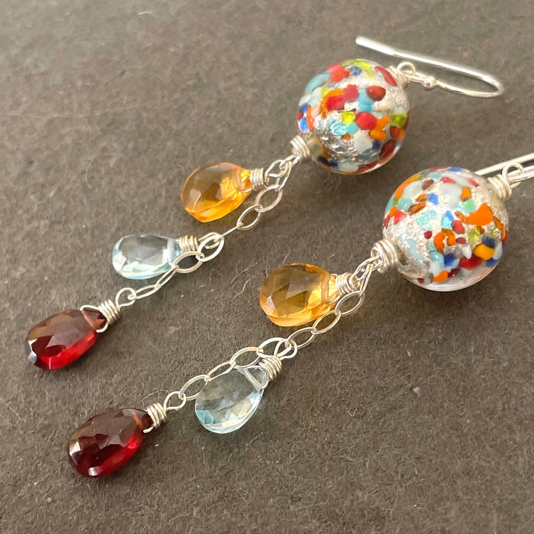 Sterling Version Klimt-ish Murano Glass and Gemstone Dangle Earrings