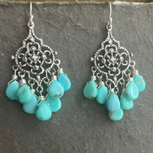 Load image into Gallery viewer, Petite Turquoise filigree Sterling Silver Chandelier Earrings