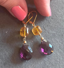 Load image into Gallery viewer, Natural Citrine and Plum Quartz Dangles