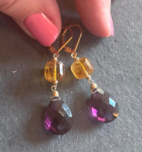 Natural Citrine and Plum Quartz Dangles