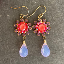 Load image into Gallery viewer, Lavender Opal, Coral Pink and Lavender Quartz Floral Teardrop Earrings