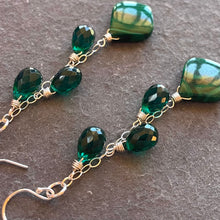 Load image into Gallery viewer, Emerald Green Malachite and Quartz Trio Cascade Earrings, OOAK
