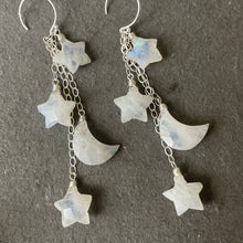 Load image into Gallery viewer, Stars and Moon Earrings, Rainbow Moonstone