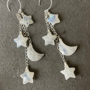 Stars and Moon Earrings, Rainbow Moonstone