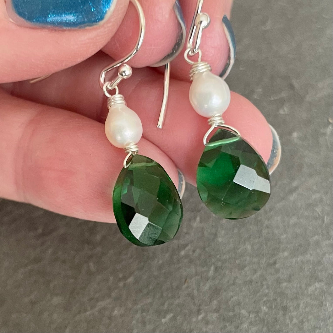 Pearl and Emerald Green Pear Cut Earrings