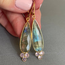 Load image into Gallery viewer, Gold Shimmer Queen Labradorite and Lilac CZ Earrings, OOAK