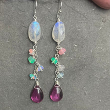 Load image into Gallery viewer, Rainbow Moonstone and a Pink to Emerald Green and Opal Dangle Earrings, OOAK