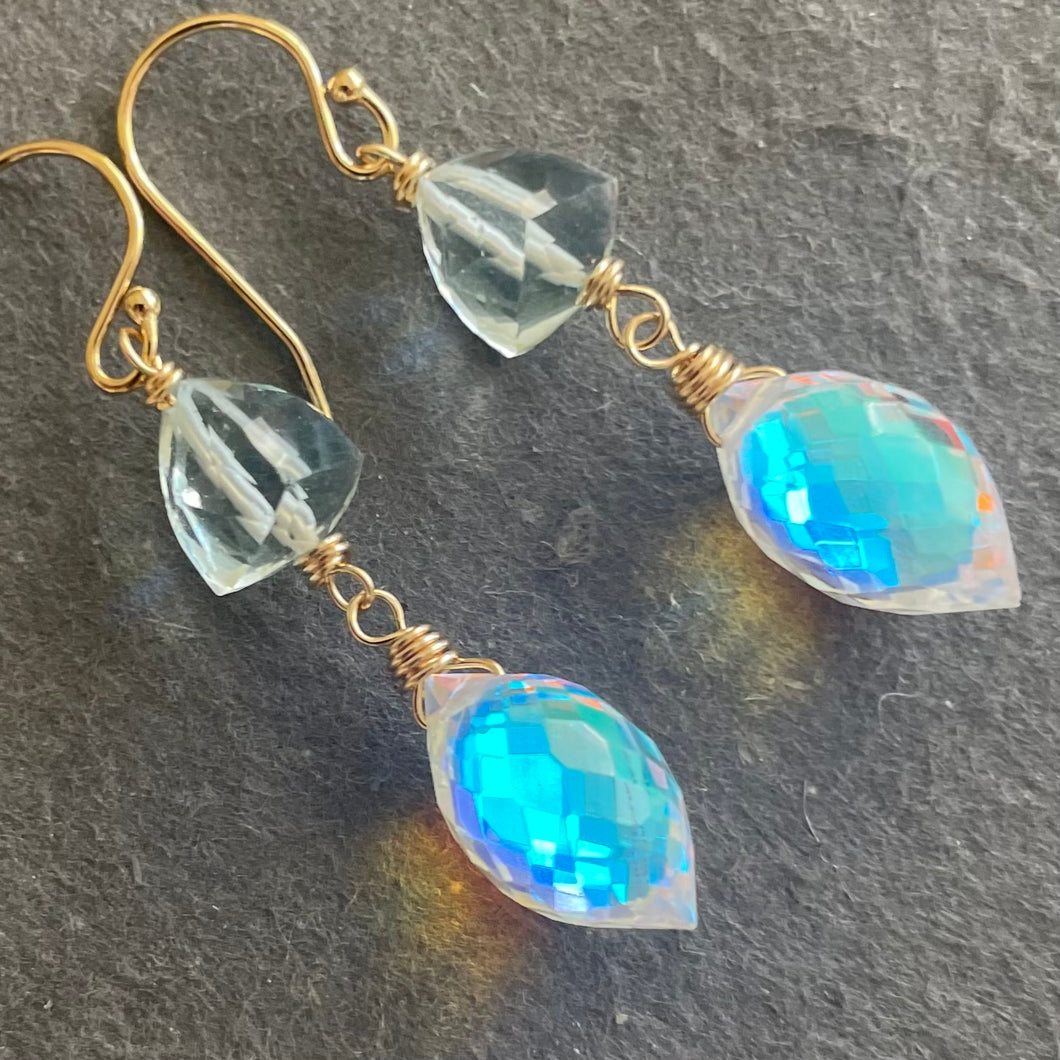 Aquamarine Quartz and Fire Rainbow Moonstone Dewdrop Dangles, metal choices