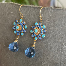 Load image into Gallery viewer, Turquoise and Sapphire Crystal and Quartz Floral Teardrop Earrings