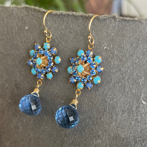 Turquoise and Sapphire Crystal and Quartz Floral Teardrop Earrings