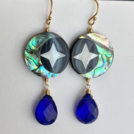 Mother of Pearl Moon and Stars Earrings, Cobalt Blue Quartz, OOAK