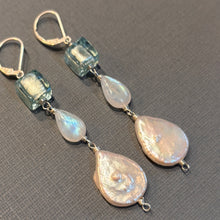 Load image into Gallery viewer, Murano Glass, Moonstone and Pearl Dangle Earrings, OOAK