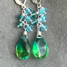 Load image into Gallery viewer, Paraiba to Emerald to Lime Doublet Dangle Earrings