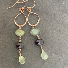 Load image into Gallery viewer, Rose Gold Infinity Hoops, Labradorite, Garnet and Prehnite Gemstones, OOAK