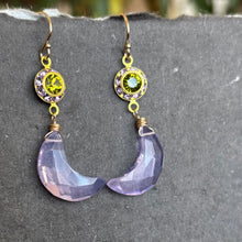 Load image into Gallery viewer, Lavender and Peridot Green Carved Moon Dangles