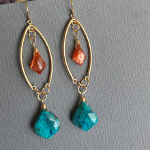 Load image into Gallery viewer, Chrysocolla and Sunstone Marquis Open Hoop Earrings, OOAK