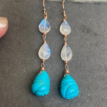 Load image into Gallery viewer, Carved Turquoise Hive and Moonstone Earrings, Rose Gold, OOAK