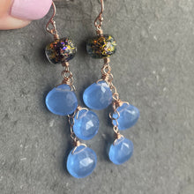 Load image into Gallery viewer, Night Sky Dichroic Murano Glass and Hydrangea Chalcedony Dangle Earrings, Metal options