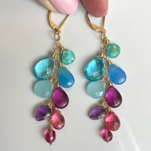 Load image into Gallery viewer, Kingman Turquoise, Chalcedony, Amethyst and Quartz Cascade Cluster Earrings, metal and earwire options