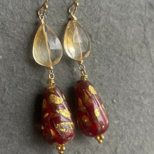 Load image into Gallery viewer, Citrine and Crimson oh la la Teardrop Murano Glass Dangle Earrings