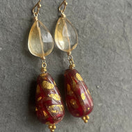 Citrine and Crimson oh la la Teardrop Murano Glass Dangle Earrings