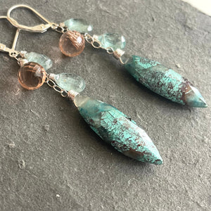 Chrysocolla, apatite, and peach chandelier earrings
