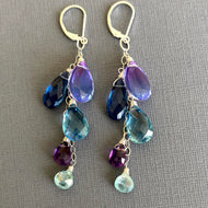Violet to Blue Doublet Quartz, Amethyst, Blue Zircon, Cascade Cluster Earrings