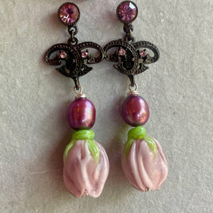 New x Vintage Combo Kunzite European Glass Flower Earrings, OOAK
