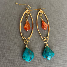 Load image into Gallery viewer, Chrysocolla and Sunstone Marquis Open Hoop Earrings, OOAK