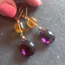 Load image into Gallery viewer, Natural Citrine and Plum Quartz Dangles