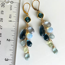 Load image into Gallery viewer, London Blue Quartz, Aquamarine, Opalite, Prehnite Cascade Cluster Earrings