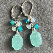 Load image into Gallery viewer, Carved Leaf and Welo Opal Dangle Earrings