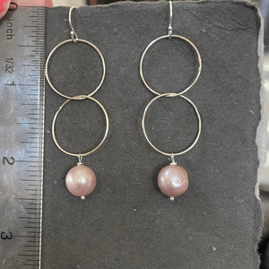 Mauve-y Pink Edison Pearl Double Hoop Earrings, Sterling Silver, OOAK